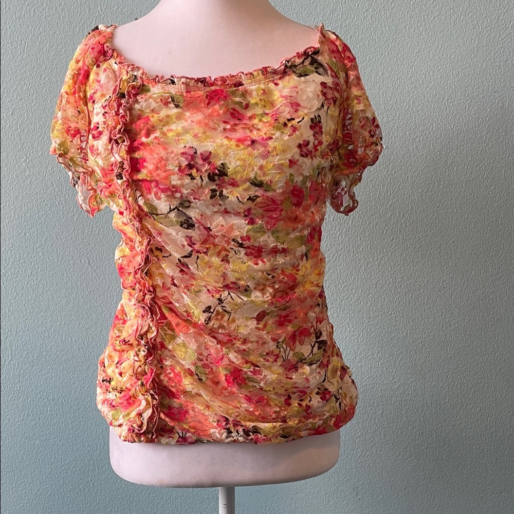 AB Studio Floral Ruffle Short Sleeve Blouse in Yellow and Pink